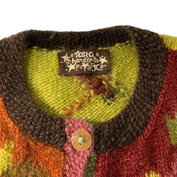 Tara Handknits Handspun Wool Cardigan Sweater L Floral Chunky Button Up Hippie - Picture 5 of 13